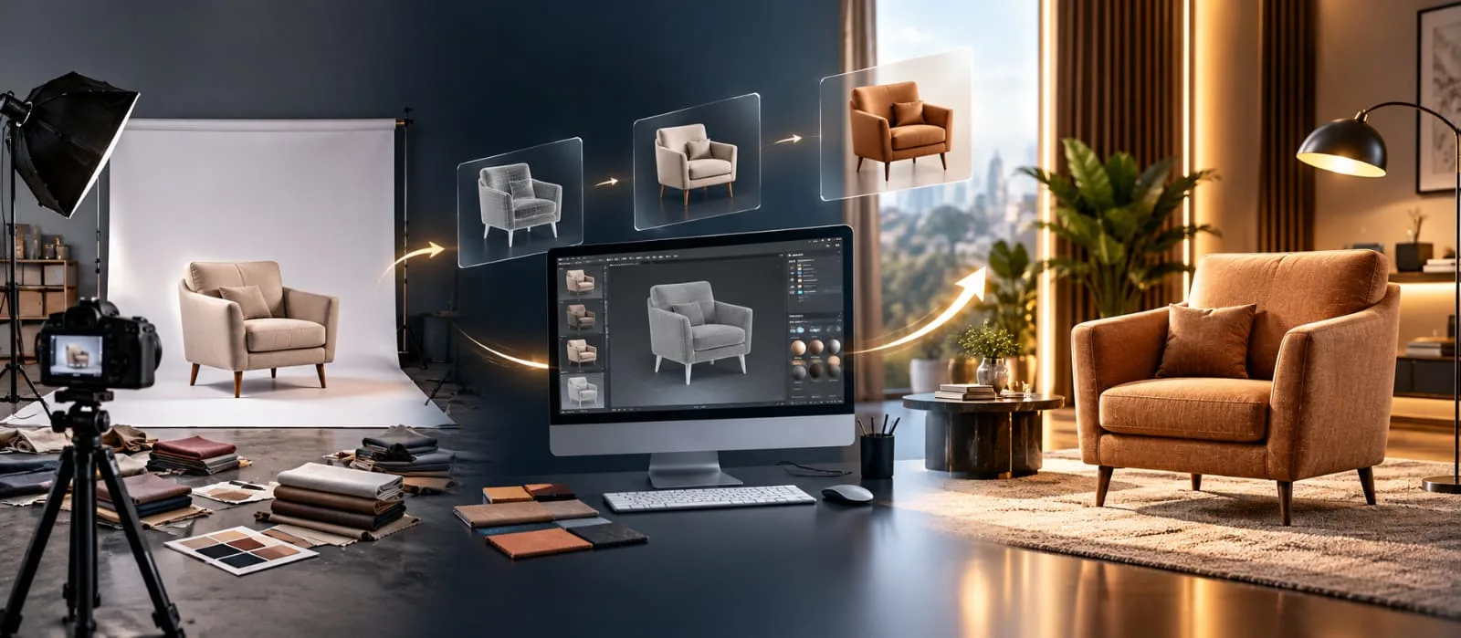 Illustrative production setup for a furnished product scene