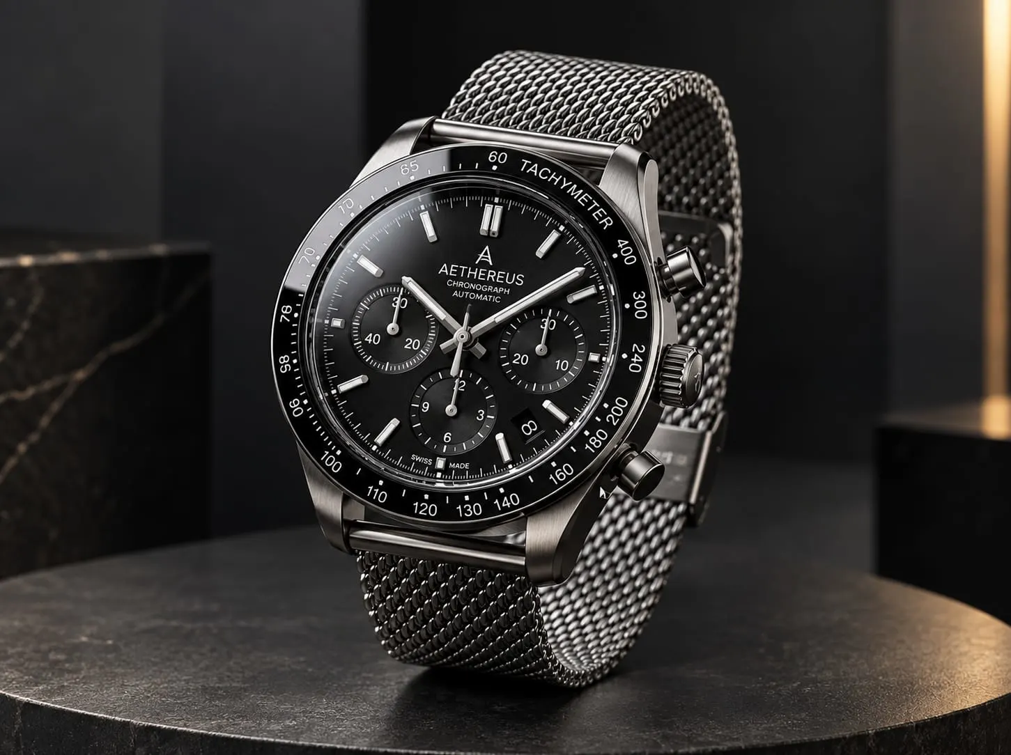 Dark wristwatch showing its face, case and mesh strap