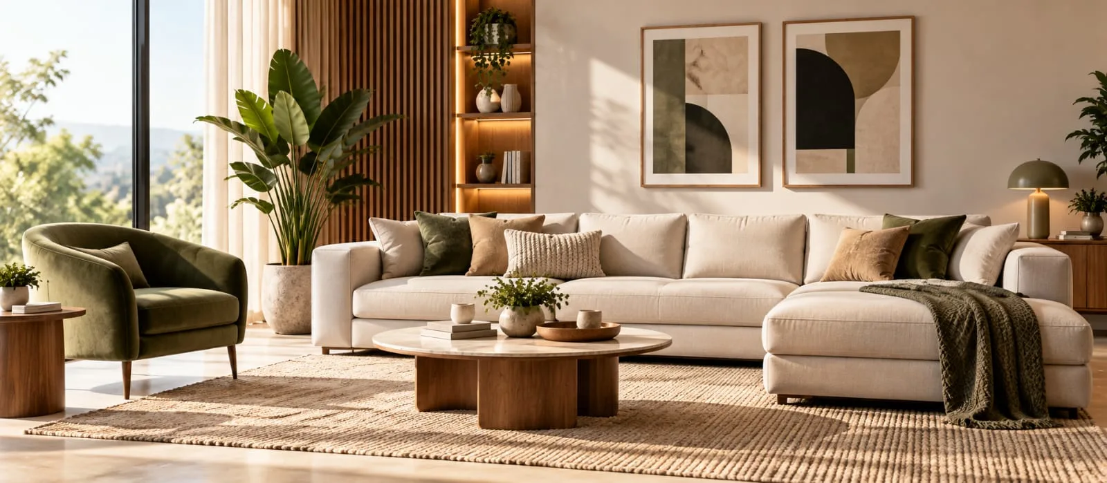 Living room with sofa, plants and a low coffee table