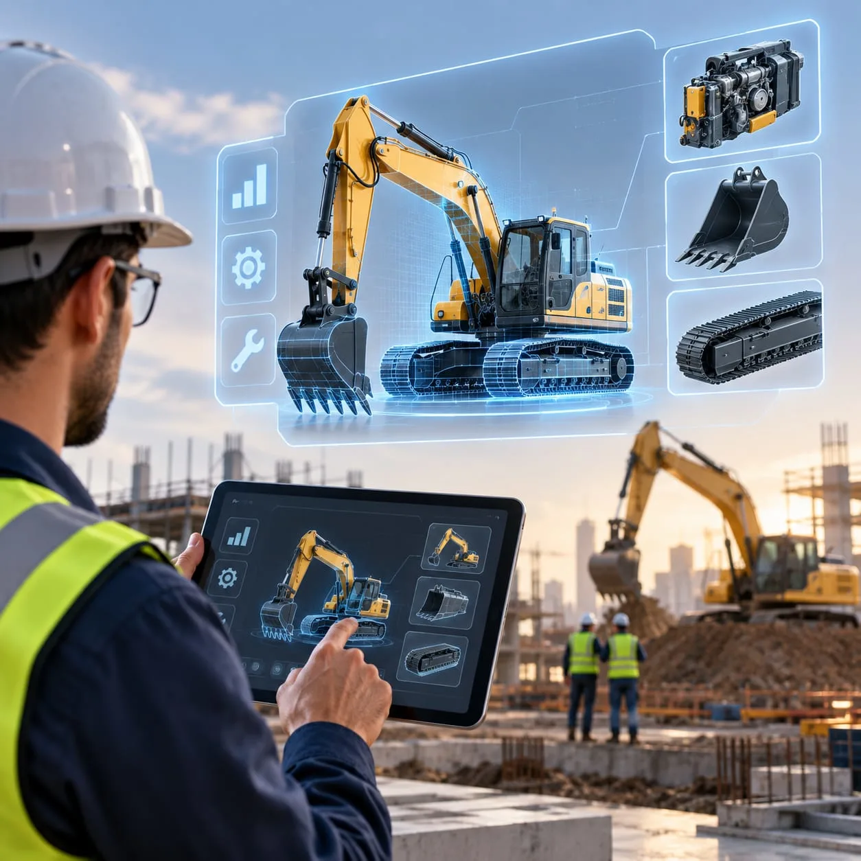 Illustrative excavator presentation with engine, bucket and track component views