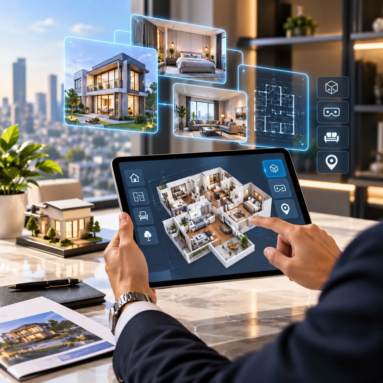 Illustrative property visualisation with exterior, interior and plan views on digital displays